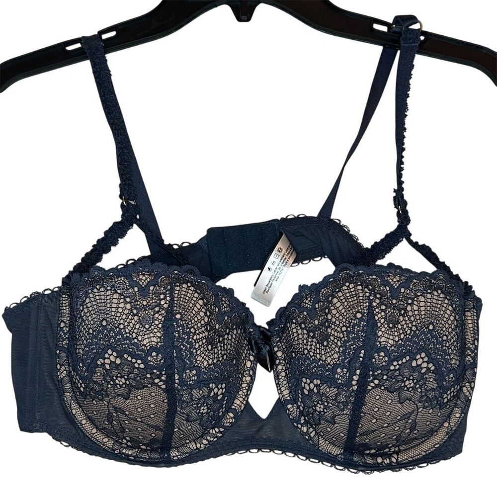 Adore Me Kimmy Push Up Balconette Bra 38C Blue Lace Strappy Design